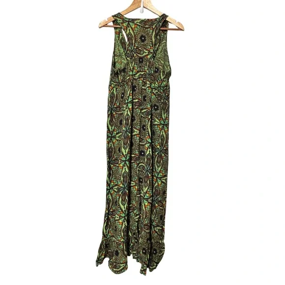 One World Crochet Neck Maxi‎ Dress Women's Medium Green Floral Print Sleeveless - Picture 5 of 9